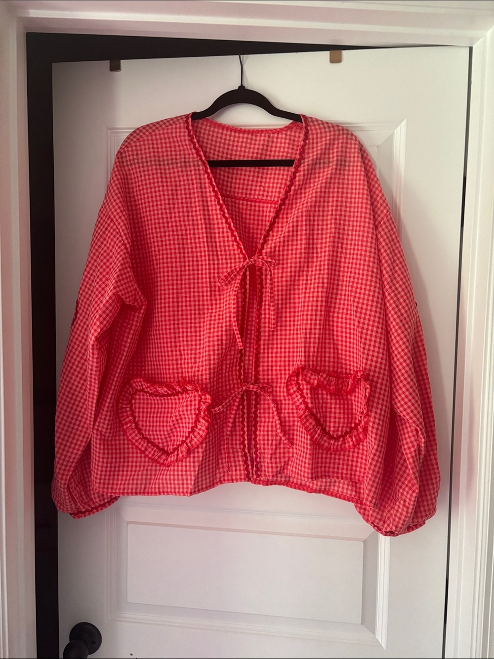 Red Gingham Tie-Front Cardigan with Ruffle Heart Pockets